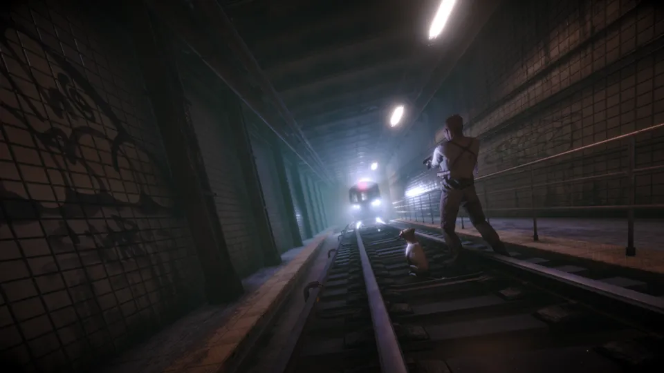 The detective stands on subway tracks with his terrier, aiming a pistol as a train's headlights emerge from the tunnel fog