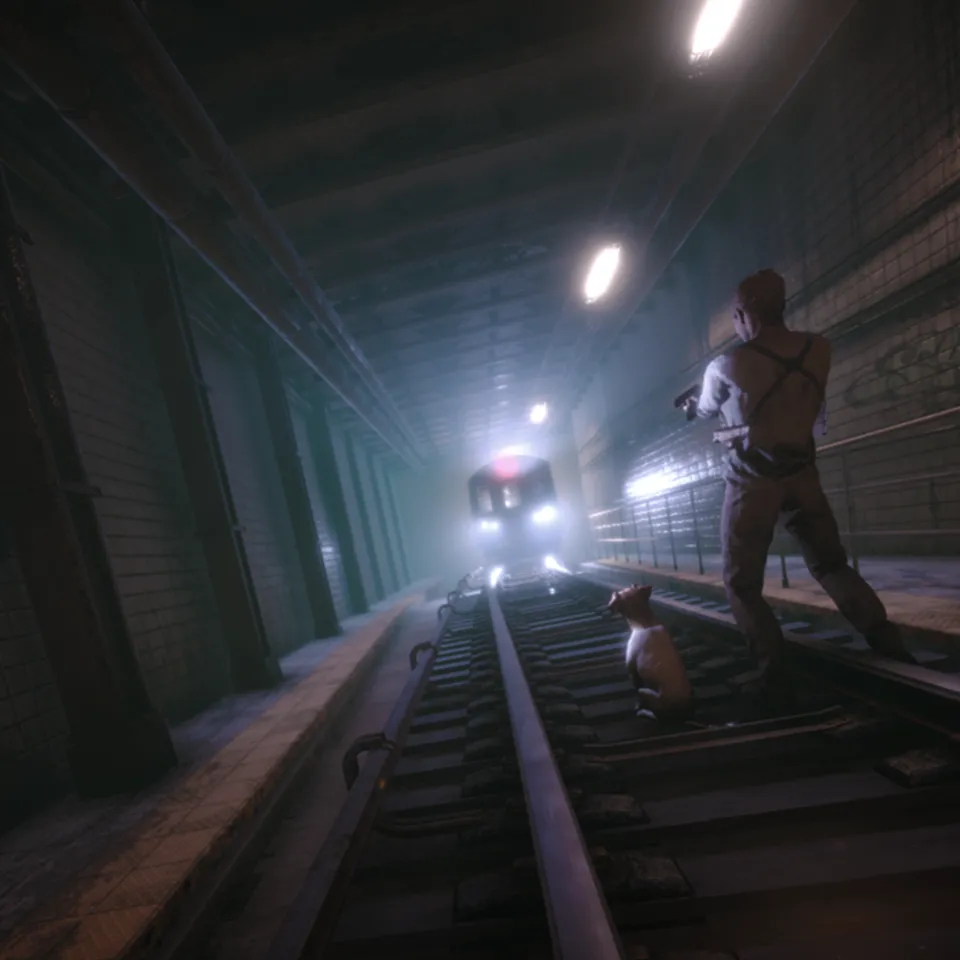 The detective stands on subway tracks with his terrier, aiming a pistol as a train's headlights emerge from the tunnel fog