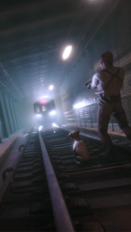 The detective stands on subway tracks with his terrier, aiming a pistol as a train's headlights emerge from the tunnel fog