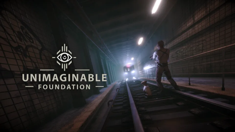 The detective stands on subway tracks with his terrier, aiming a pistol as a train's headlights emerge from the tunnel fog, with the Unimaginable Foundation logo