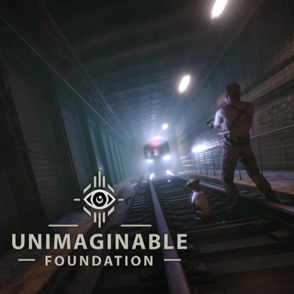 The detective stands on subway tracks with his terrier, aiming a pistol as a train's headlights emerge from the tunnel fog, with the Unimaginable Foundation logo