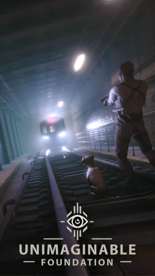 The detective stands on subway tracks with his terrier, aiming a pistol as a train's headlights emerge from the tunnel fog, with the Unimaginable Foundation logo