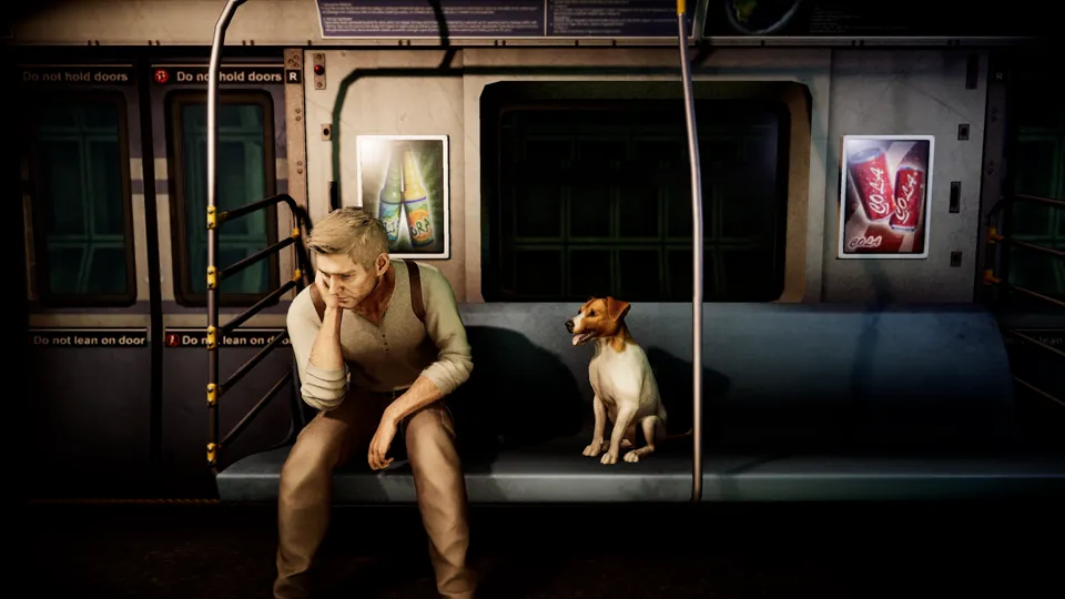 The detective sits slumped in a subway car beside his terrier companion