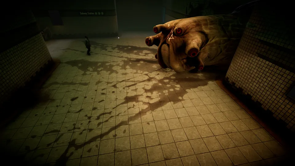 A giant fleshy creature with red eyes looms over a tiled station floor