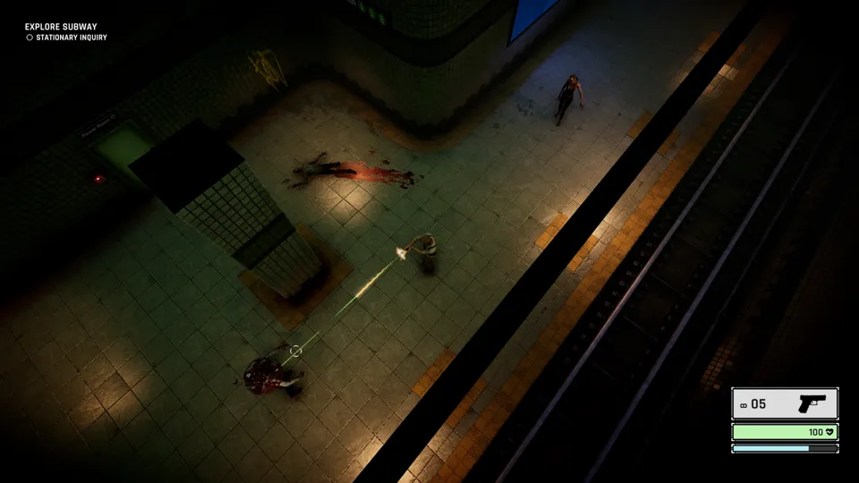 Top-down view of the detective firing at enemies across a dark subway platform