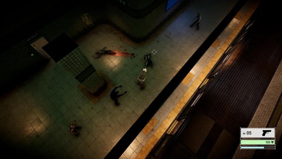 A firefight beside the tracks, bodies scattered across the platform