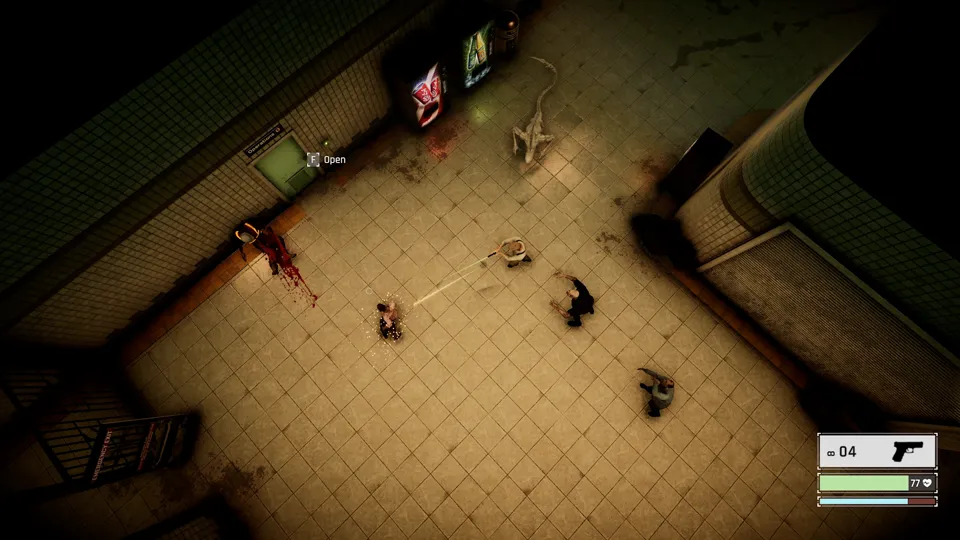 The detective trades shots with attackers in a blood-stained station hall
