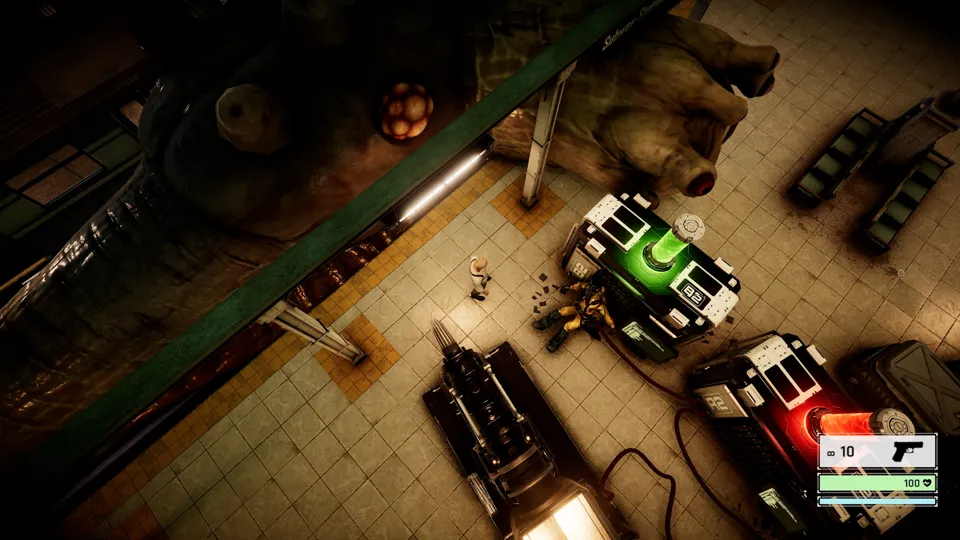 A massive slug-like creature beside a machine fed by glowing green canisters