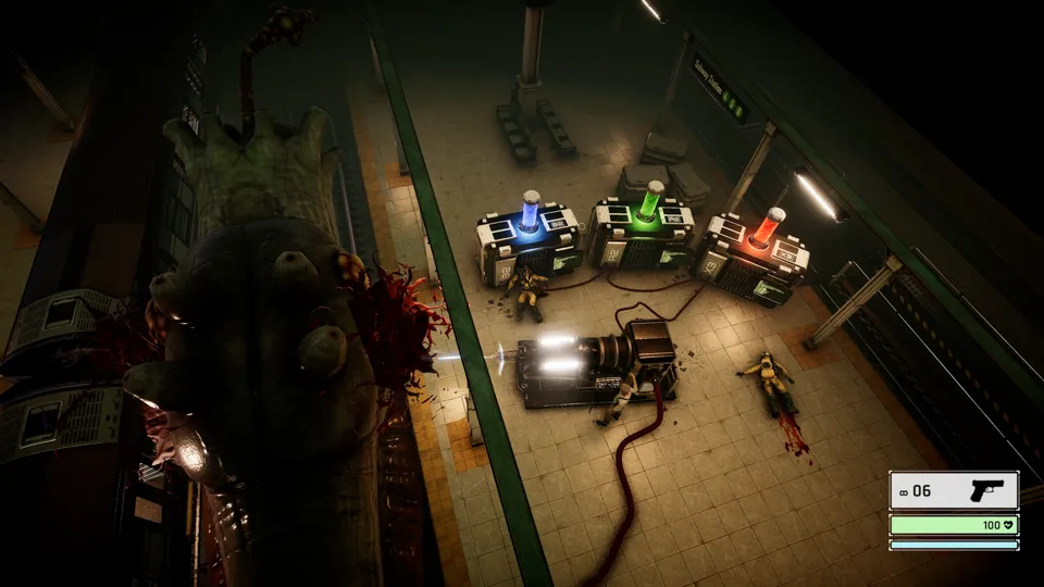 A rig of blue, green and red canisters fires beams at a hulking creature