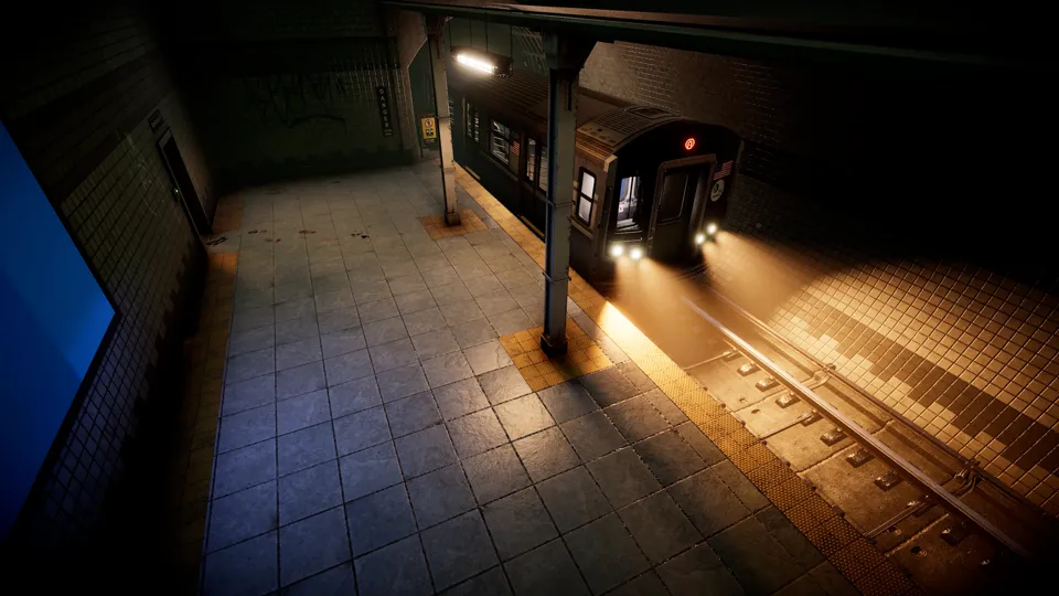 A subway train's headlights cut across an empty tiled station platform