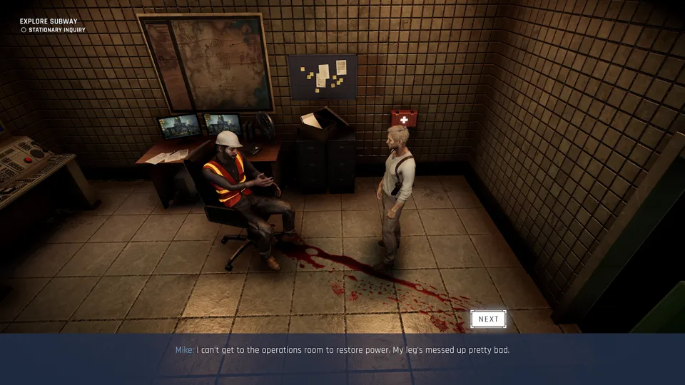 The detective questions an injured maintenance worker in an operations room
